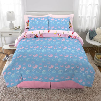 Super Mario Girl Princess Peach Girl Gamer Kids Bedding Super Soft & Cozy Reversible Microfiber Comforter and Sheet Set with Sham, 7 Piece Queen Size, (Officially Licensed Product) by Franco