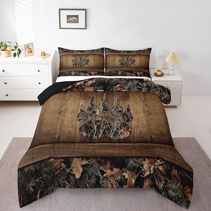 Erosebridal Camo Bear Paw Bedding Comforter Sets Hunting Woodland Wildlife Bedding Set King,Camouflage Rustic Cabin Comforter Set for Kids Farmhouse Woodland Board Animal Quilt Set Country Decor