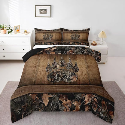 Erosebridal Camo Bear Paw Bedding Comforter Sets Hunting Woodland Wildlife Bedding Set Toddler,Camouflage Rustic Cabin Comforter Set for Kids Farmhouse Woodland Board Animal Quilt Set Country Decor