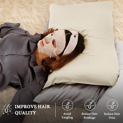 BHZ Beige Satin Goose Down Feather Pillows Standard Size with Pillowcase for Hair and Skin, Cooling Pillow Cases Similar to Silk Pillow Cases, Decorative for Women, Mom Men