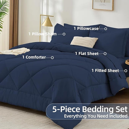 FUANNA 5 Pieces Twin Comforter Set, All Season Bed in a Bag Twin Size, Luxury Soft Bedding Sets with Comforter, Flat Sheet, Fitted Sheet, Pillowcase & Pillow Sham, Navy Blue