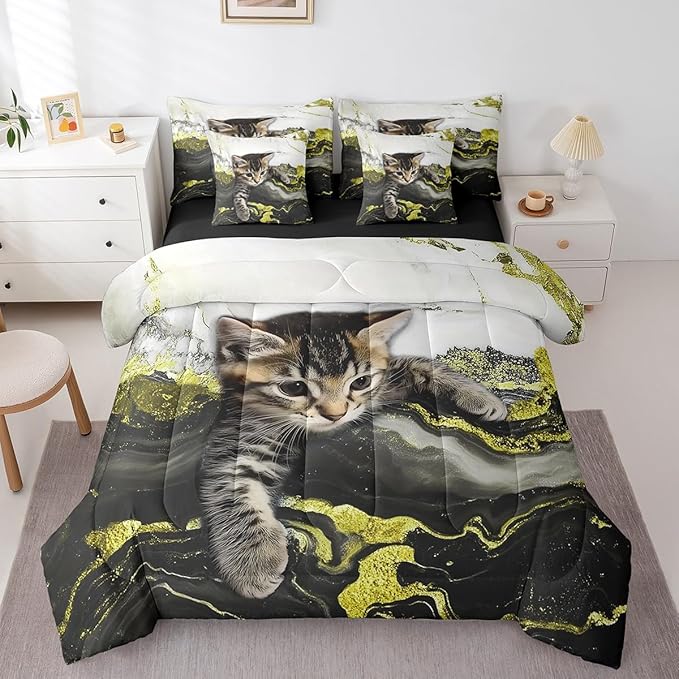 Erosebridal Yellow Marble Bedding Set Twin Modern Marbling Cat Bed in A Bag Watercolor Marble Ink Fluid Comforter Sets with Sheets Retro Artwork Style Aesthetic 7 Pieces Bed Set Bedroom Decor