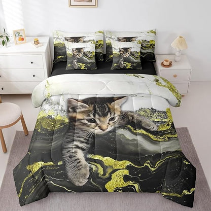 Erosebridal Yellow Marble Bedding Set Twin Modern Marbling Cat Bed in A Bag Watercolor Marble Ink Fluid Comforter Sets with Sheets Retro Artwork Style Aesthetic 7 Pieces Bed Set Bedroom Decor
