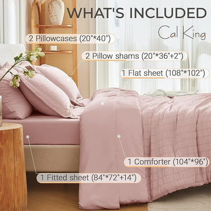 MUXHOMO 7 Pieces California King Comforter Set, Seersucker Bed in a Bag Cal King Size, All Season Luxury Bedding Set with Comforter, Flat Sheet, Fitted Sheet, Pillowcases & Shams, Rose Gold