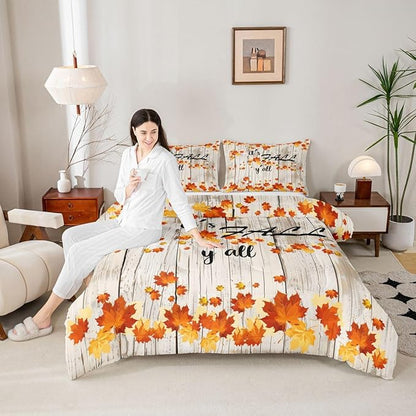 Fall Maple Leaves Bedding Sets Twin Autumn Nature Botanical Comforter Set Rustic Farmhouse Fall Bedding Comforters For Kids Adults Soft Lightweight Bed Duvet Set Orange Gold Beige 1 Pillow Case