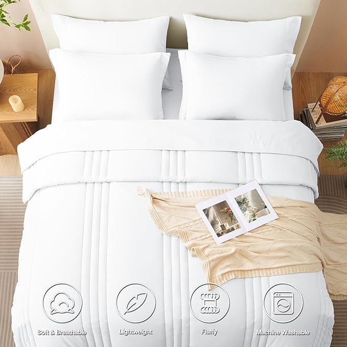 CozyLux Queen Comforter Set - 7 Pieces Bed in a Bag White Comforter Set with Sheets Luxury Bed Set All Seasons, Soft Bedding Set with Down Alternative Comforter, Sheets, Pillowcases & Shams
