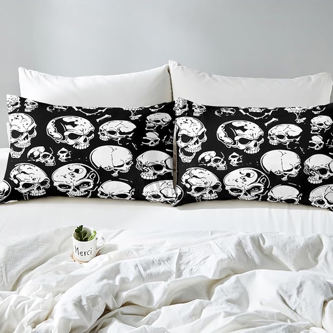 Erosebridal Boys Black Skull King Size Comforter Set, Halloween Skeleton Skull Bedding Set, Gothic Skeleton Comforter for Kids Teens Adults Men Goth Room Decor, Terror Theme Black Quilt