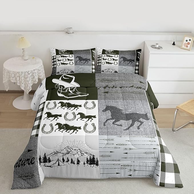 Erosebridal Rustic Horse Bedding Set, Retro Western Cowboy Horseshoe Comforter Set Twin, Southwestern Riding Boots Arrow Quilt Rustic Adventure Duvet Insert Cabin Lodge Bedroom Decor, 1 Pillow Case