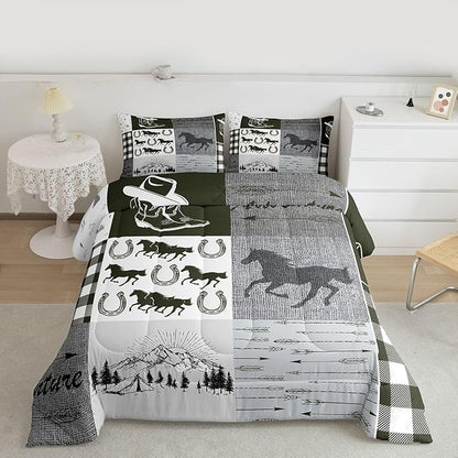 Erosebridal Rustic Horse Bedding Set, Retro Western Cowboy Horseshoe Comforter Set King, Southwestern Riding Boots Arrow Quilt Rustic Adventure Duvet Insert Cabin Lodge Bedroom Decor, 2 Pillow Cases