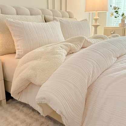 3D Striped Jacquard Sherpa Comforter Set King Size, Geometric Pattern Boho Quilt Bedding 3 Pieces Warm Cozy Fuzzy Comforter with 2 Pillowcases(104"X90" Ivory White)