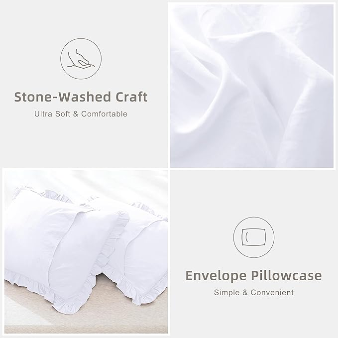 QSH White Ruffled Comforter Twin Size,3PCs Farmhouse Shabby Boho Chic White Bedding Comforter Twin Vintage Lightweight Fluffy Microfiber Bedding Set