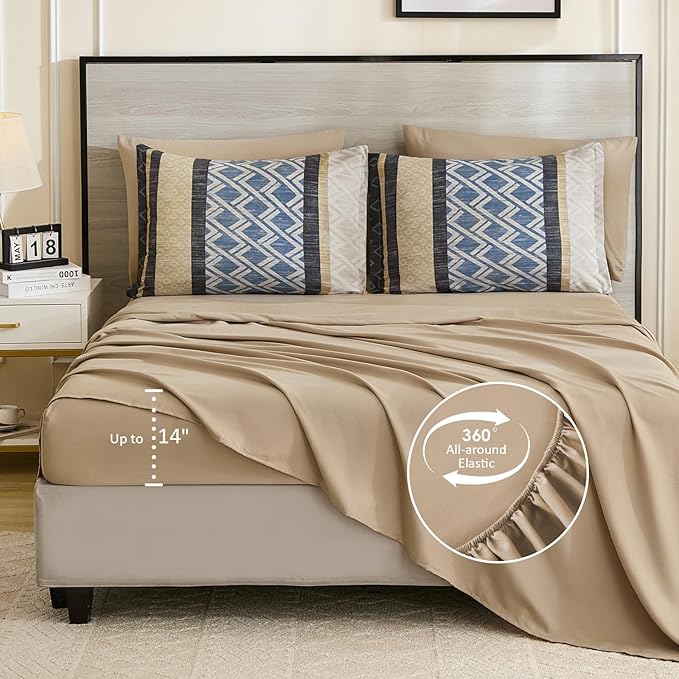 Cottolester Boho Comforter Set Queen Size,Grey Blue Striped Bed in a Bag,Plaid Comforter and Sheet Set,Soft Microfiber Complete Bedding Sets