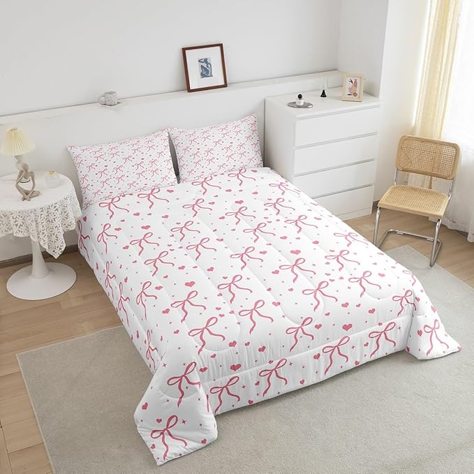 Erosebridal Pink Bowknot Full Size Comforter Set, Kawaii Bow Knot Bedding Set for Kids Girls Teens Women Bedroom, Dreamy Princess Bow-Tie Down Comforter, Cute Love Heart Duvet Insert