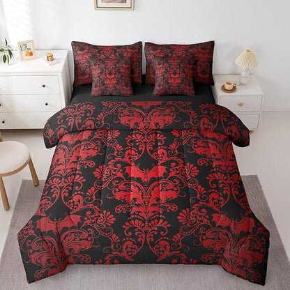 Erosebridal Gothic Damask Bed in a Bag Queen Comforter Set 7 Piece,Halloween Bat Bedding Sets Red Black Victorian Floral Goth Sheet Set with Comforter