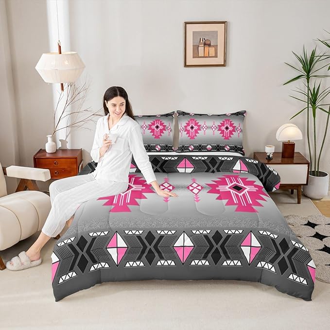 Erosebridal Rustic Western Queen Comforter Set, Southwestern Aztec Bedding Set for Boys Teens Men Bedroom, Exotic American Native Bedding Comforter Sets Vintage Bohemian Geometric Quilt, Pink Grey