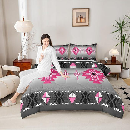 Erosebridal Rustic Western Toddler Comforter Set, Southwestern Aztec Bedding Set for Boys Teens Men Bedroom, Exotic American Native Bedding Comforter Sets Vintage Bohemian Geometric Quilt, Pink Grey