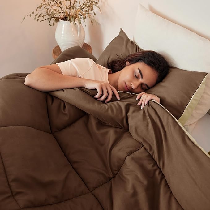 Exclusivo Mezcla Lightweight Reversible Twin Size Comforter Set, Down Alternative Comforter with 1 Pillow Sham, Twin Size Bedding Set for All Seasons, Brown/Khaki