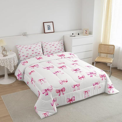 Feelyou Pink Girls Bow Bedding Set Boys Girls Queen Size Bow Comforter Set for Kids Women Men Ultra Soft Cute Bowknot Comforter Kawaii Duvet Set Room Decor Lovely Quilt Set