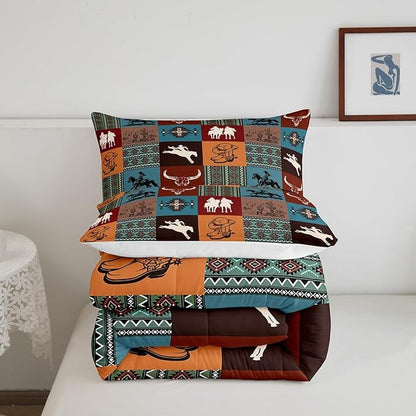 Southwestern Cowboy Comforter Set King Size,Boho Aztec Tribal Cactus Print Bedding Sets for Kids Girls Boys Adult Room Decor,Vintage Colorful Geometric Check Print Quilt Set,2 Pillowcases