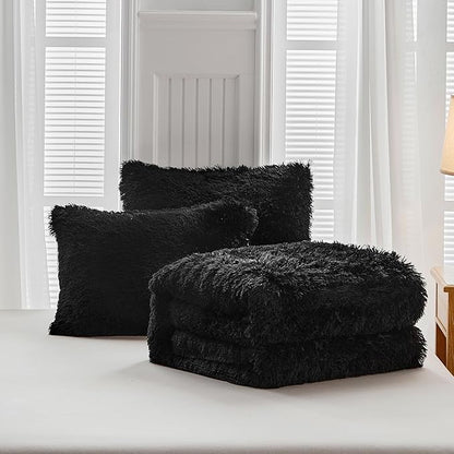 UOZZI BEDDING Black Faux Fur Comforter Set Twin 3 Pieces - 1 Black Shaggy Comforter Set 68x86 and 2 Pillowcases, Ultra Soft and Easy Care Luxury Plush Shaggy Duvet Set