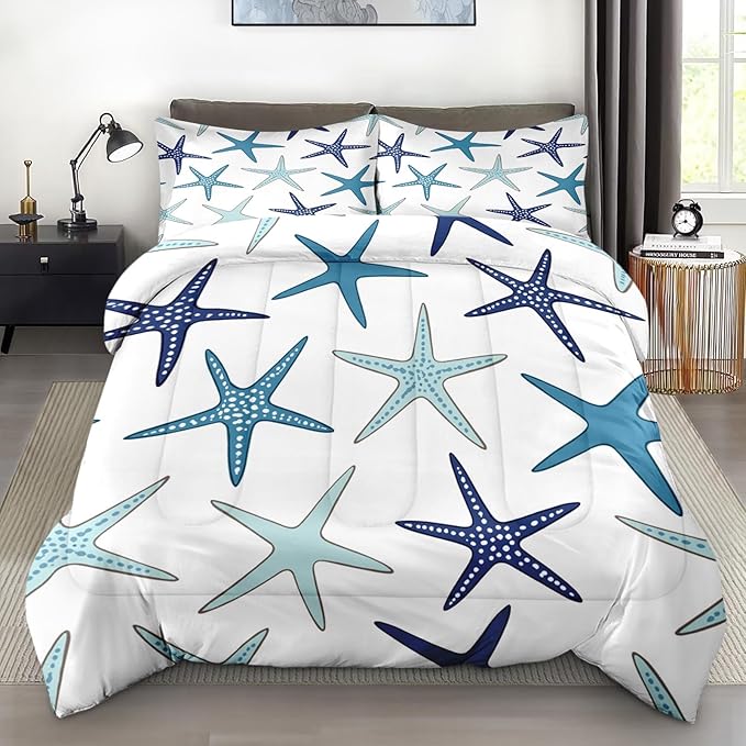 Comforter Set Twin Size, Coastal Nautical Starfish Soft 2 Pcs Bedding for Kids and Adults, Navy Blue Turquoise Sea Comforter Set with Pillowcase, for Bedroom Bed Decor