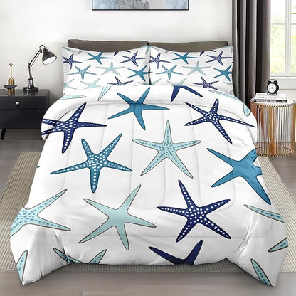 Comforter Set Queen Size, Coastal Nautical Starfish Soft 3 Pcs Bedding for Kids and Adults, Navy Blue Turquoise Sea Comforter Set with Pillowcase, for Bedroom Bed Decor