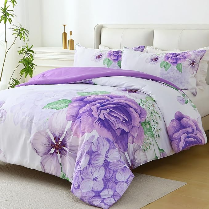 Floral Comforter Set King Size, 3 Pieces Elegant Purple Floral Bed in a Bag, Soft Microfiber Botanical Flower Bedding Set with 2 Pillowcases for All Season 104"×90"