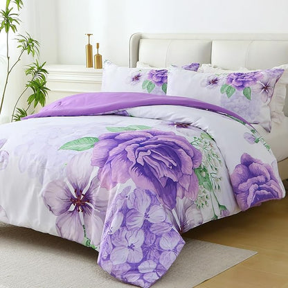 Floral Comforter Set Queen Size, 3 Pieces Elegant Purple Floral Bed in a Bag, Soft Microfiber Botanical Flower Bedding Set with 2 Pillowcases for All Season 90"×90"