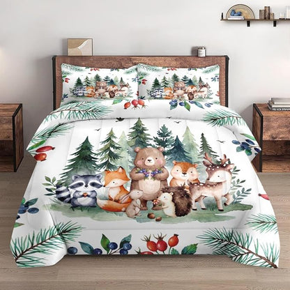 Comforter Set Full Size, Safari Woodland Animal Bird Soft 3 Pcs Bedding for Kids and Adults, Fox Cute Bear Jungle Comforter Set with Pillowcase, for Bedroom Bed Decor