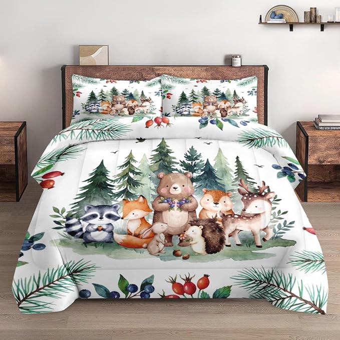 Comforter Set Queen Size, Safari Woodland Animal Bird Soft 3 Pcs Bedding for Kids and Adults, Fox Cute Bear Jungle Comforter Set with Pillowcase, for Bedroom Bed Decor