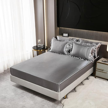 Satin Comforter Set with Sheet Set Queen 8 Pieces Silk Like Grey Bedding Silky Ruffle Pattern Luxury Silky Comforter Set with 1 Cushion Cover