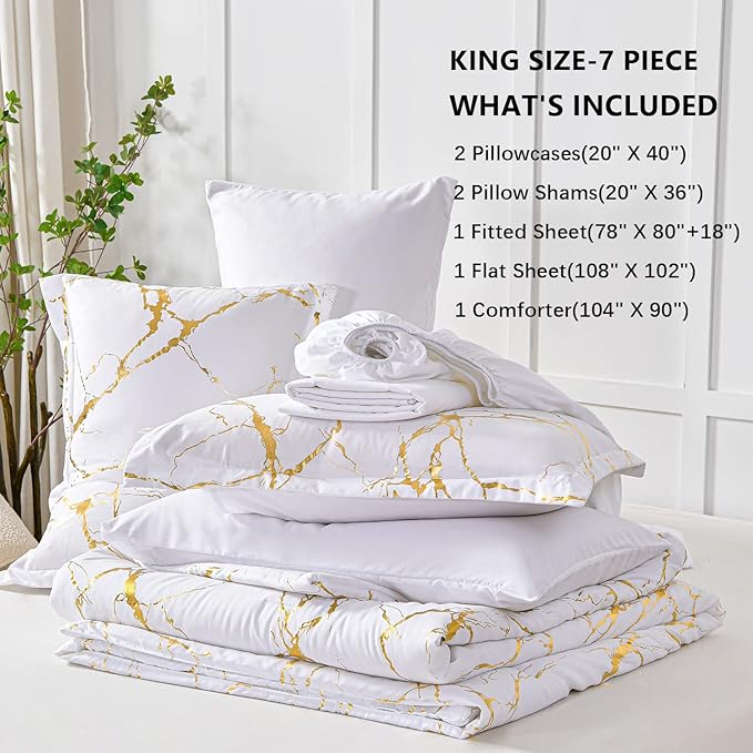 Yogeneg Gold Metallic Marble King Size Comforter Set,7 Piece Bed in a Bag,Foil Print Glitter White Comforter and Sheet Set,All Season Soft Microfiber Complete Bedding Sets(White,King)