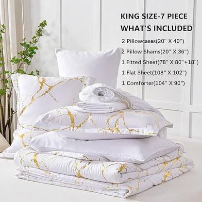 Yogeneg Gold Metallic Marble King Size Comforter Set,7 Piece Bed in a Bag,Foil Print Glitter White Comforter and Sheet Set,All Season Soft Microfiber Complete Bedding Sets(White,King)