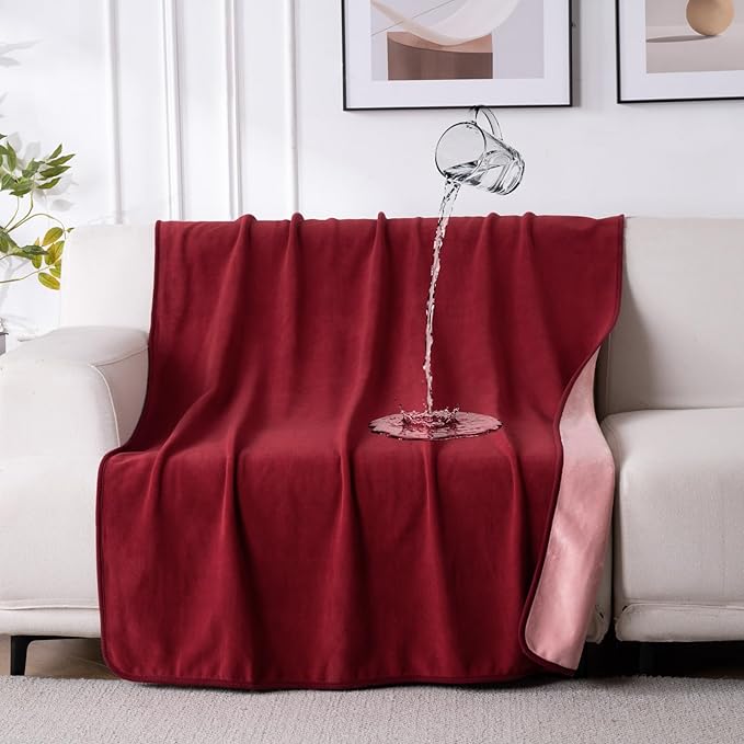 QiyI Waterproof Blanket for Bed Couch Sofa, Small Washable Reversible & Reusable Pet Dog Cat Throw Blanket, Leakproof Stain Resistant Sofa Cover, 40"x60", Burgundy/Pink