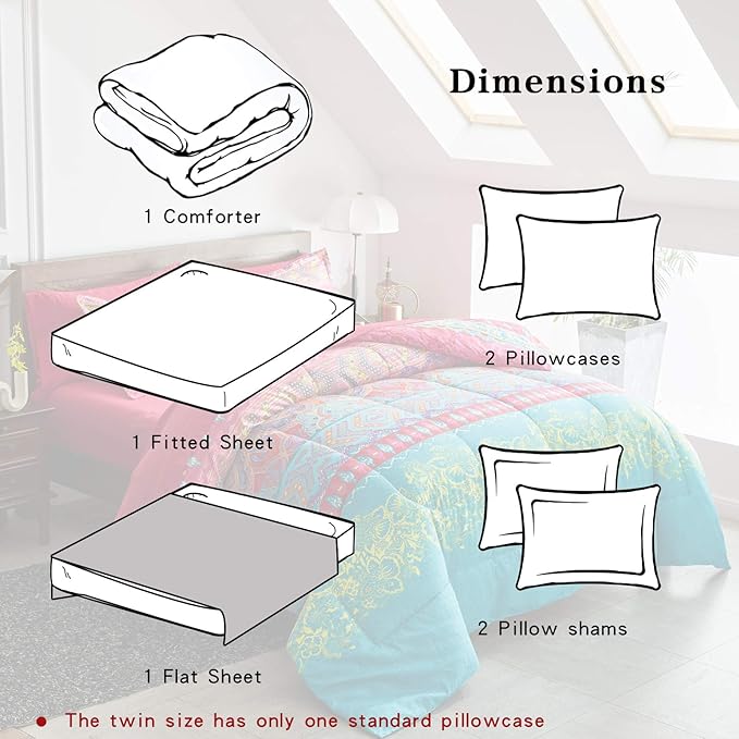 Flysheep Boho Bed in a Bag 7 Pieces Queen Size, Colorful Bohemian Tribal Style Pink n Blue Floral Reversible Comforter Set (1 Comforter, 1 Flat Sheet, 1 Fitted Sheet, 2 Pillow Shams, 2 Pillowcases)