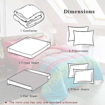 Flysheep Boho Bed in a Bag 7 Pieces Queen Size, Colorful Bohemian Tribal Style Pink n Blue Floral Reversible Comforter Set (1 Comforter, 1 Flat Sheet, 1 Fitted Sheet, 2 Pillow Shams, 2 Pillowcases)