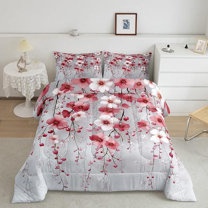 Manfei Spring Flower Comforter Set Toddler Size, Watercolor Cherry Blossom Bedding Set 2pcs, Japanese Style Pink White Floral Down Comforter, Kids Girls Women Room Decor, 1 Pillowcase, No Sheets
