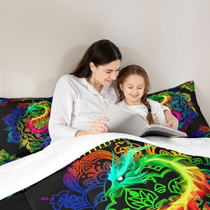Watercolor Dragon Comforter Set Full Size,Rainbow Mandala Print Duvet Quilted,Bohemian Exotic Style and Animal Theme Bedding Comforters 3Pcs for Kids Child Teens Woman Man Bedroom Decor,Black