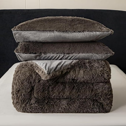 chovy Faux Fur Plush Gray Comforter Sets Full/Queen - Ultra Soft Shaggy Flannel Velvet Fluffy Fuzzy 3PC Bedding Set (Comforter x 1 Pillowcases x 2)