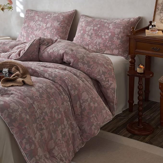 MKXI Double Layer Muslin Cotton Comforter Set Farmhouse Old Pink Floral Comforter Queen Size Shabby Chic Bedding Comforter Set Soft Breathable French Country Bed Comforter for All Season