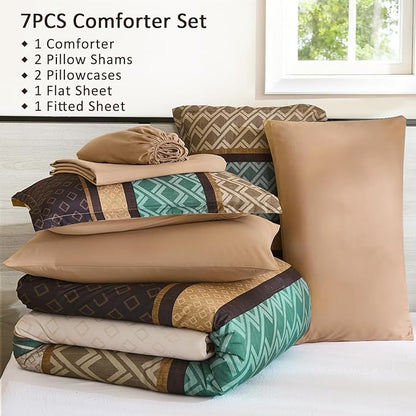 Cottolester King Comforter Set 7 Pieces Brown and Green Boho Striped Bed in a Bag,Soft Microfiber Complete Bedding Sets