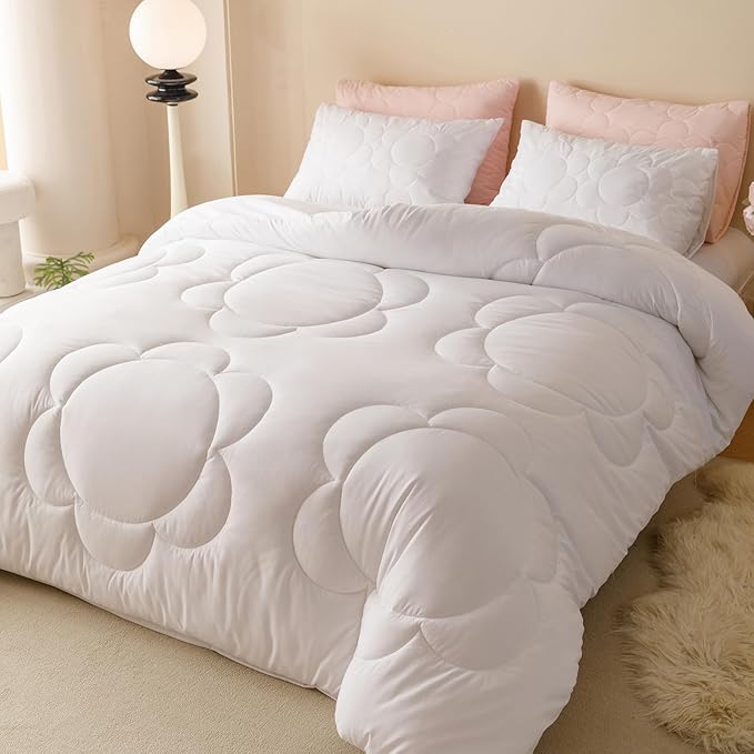 Luxlovery White Sunflower Comforter Set King Boho Floral Farmhouse Bedding Comforter Set King Size Elegant Big Flower Printed Soft Breathable Bohemian Comforter