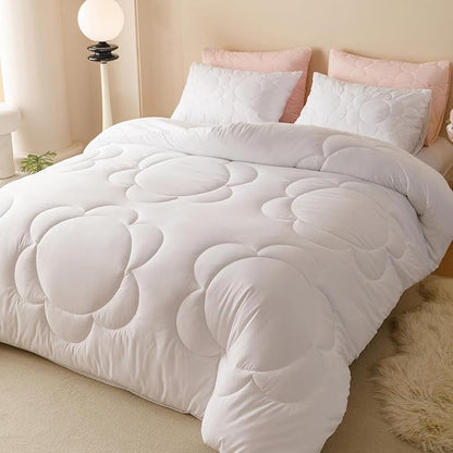 Luxlovery White Sunflower Comforter Set Queen Plain White Boho Farmhouse Quilts Floral Bedding Comforter Set Soft Breathable Elegant Bohemian Comforter Queen Size