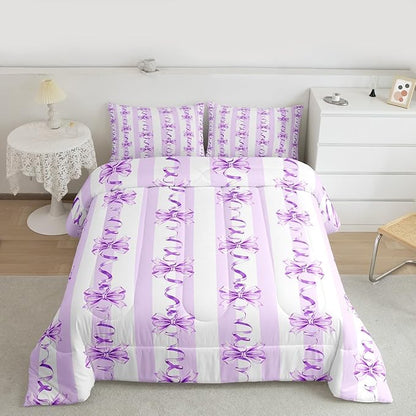 Erosebridal Purple Watercolor Bow Bedding Set Toddler Dreamy Princess Style Comforter Set Cute Kawaii Bowknot Bedding Comforter Sets for Kids Girls Teen Women,Romantic Coquette Bow Tie Quilt