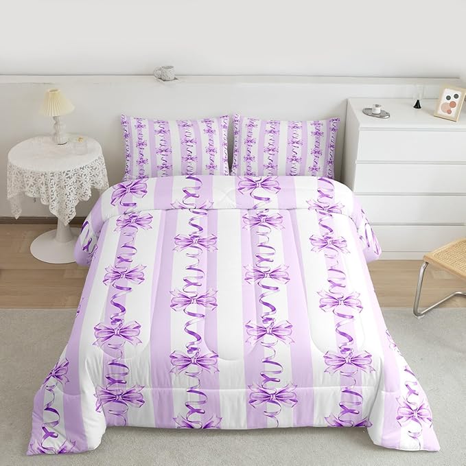 Erosebridal Purple Watercolor Bow Bedding Set King Dreamy Princess Style Comforter Set Cute Kawaii Bowknot Bedding Comforter Sets for Kids Girls Teen Women,Romantic Coquette Bow Tie Quilt
