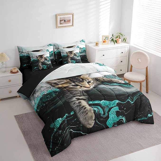 7 Pieces Green Marble Bedding Set Twin Size Marbling Green Turquoise Bed in A Bag for Kids and Adults, Cartoon Cat Bed Set for Boys Girls Teal Stone Mountain Fluid Comforter Sets with Sheets