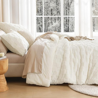 Litanika Fluffy Queen Size Comforter Set Cream White, 3 Pieces Warm Sherpa Fleece Beige Bedding Set,Ivory Jacquard Checkered Plush Fuzzy Bed Set(1 Comforter, 2 Pillowcases)