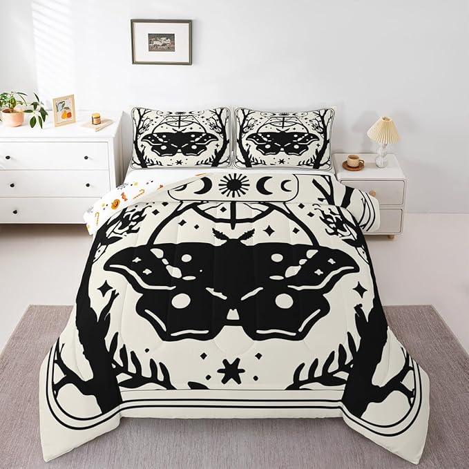 Erosebridal Gothic Moth Comforter Set Full, Halloween Moth Bedding Set, Goth Comforter, Sun and Moon Quilt for Kids Boys Girls Teens Terror Halloween Decor, Lightweight