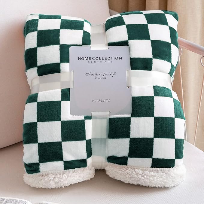 LOMAO Sherpa Throw Blanket Fleece Blanket with Checkered Pattern Soft Thick Blanket for Couch, Bed, Sofa Luxurious Warm and Cozy for All Seasons (Green, 51"x63")