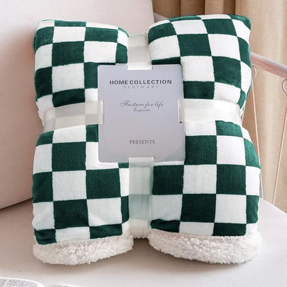 LOMAO Sherpa Throw Blanket Fleece Blanket with Checkered Pattern Soft Thick Blanket for Couch, Bed, Sofa Luxurious Warm and Cozy for All Seasons (Green, 60"x80")
